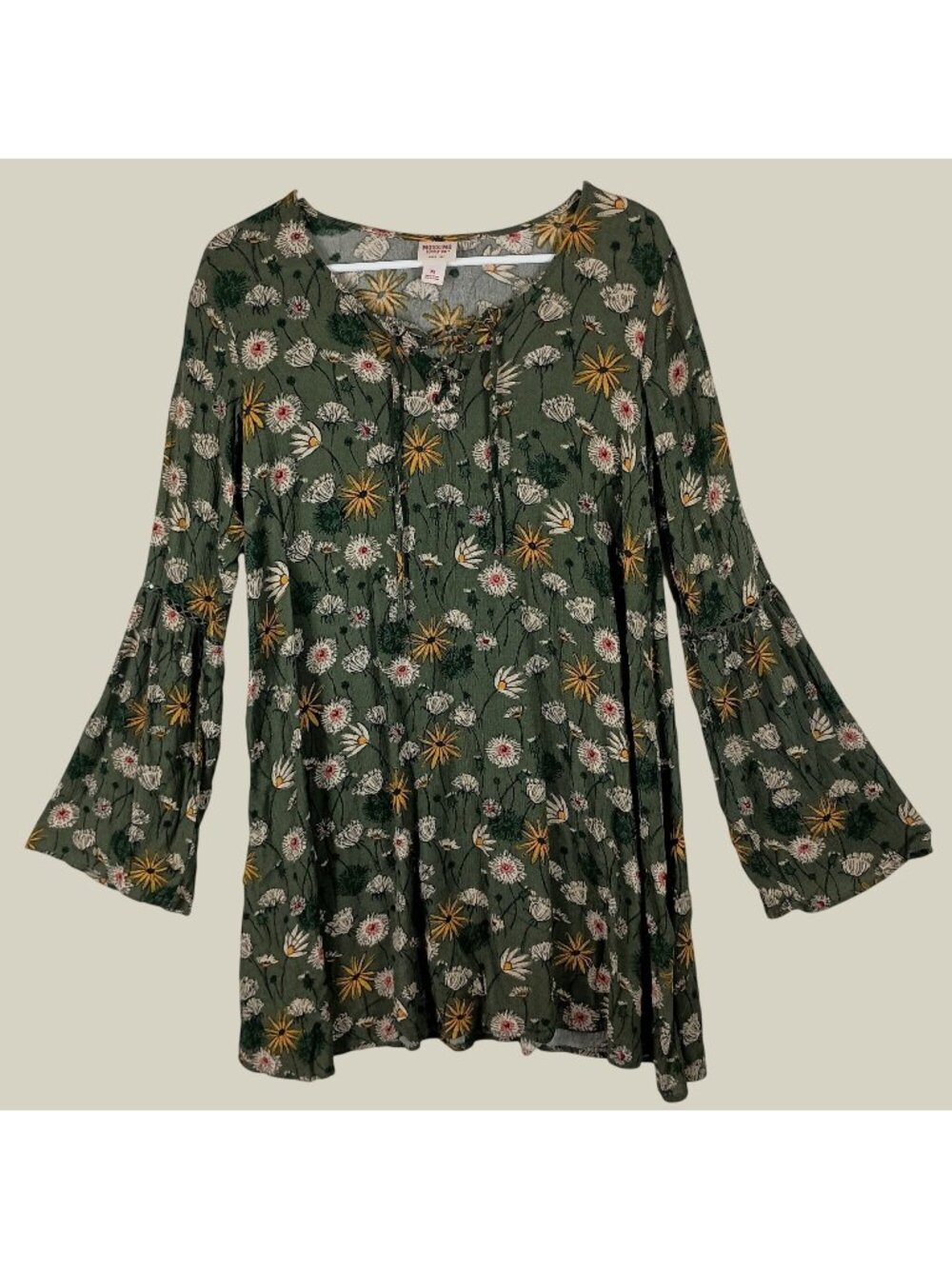 Mossimo Floral Bell Sleeve Lace Up Tunic Dress Womens XS Green Boho Vacation